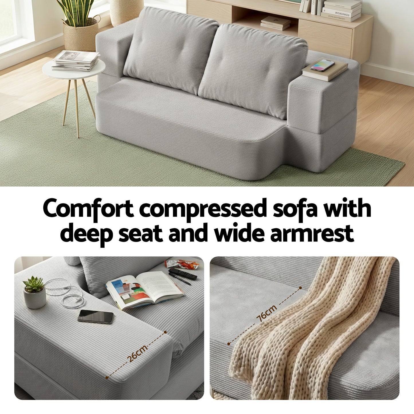 Convertible Folding Sofa Bed – 30D High-Density Foam, Corduroy, Grey