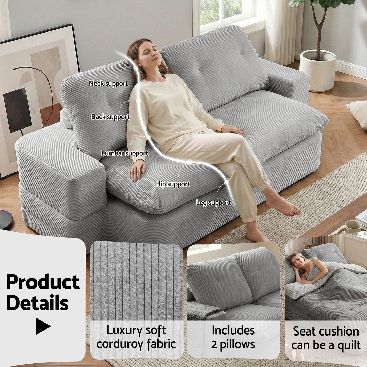 Convertible Folding Sofa Bed – 30D High-Density Foam, Corduroy, Grey