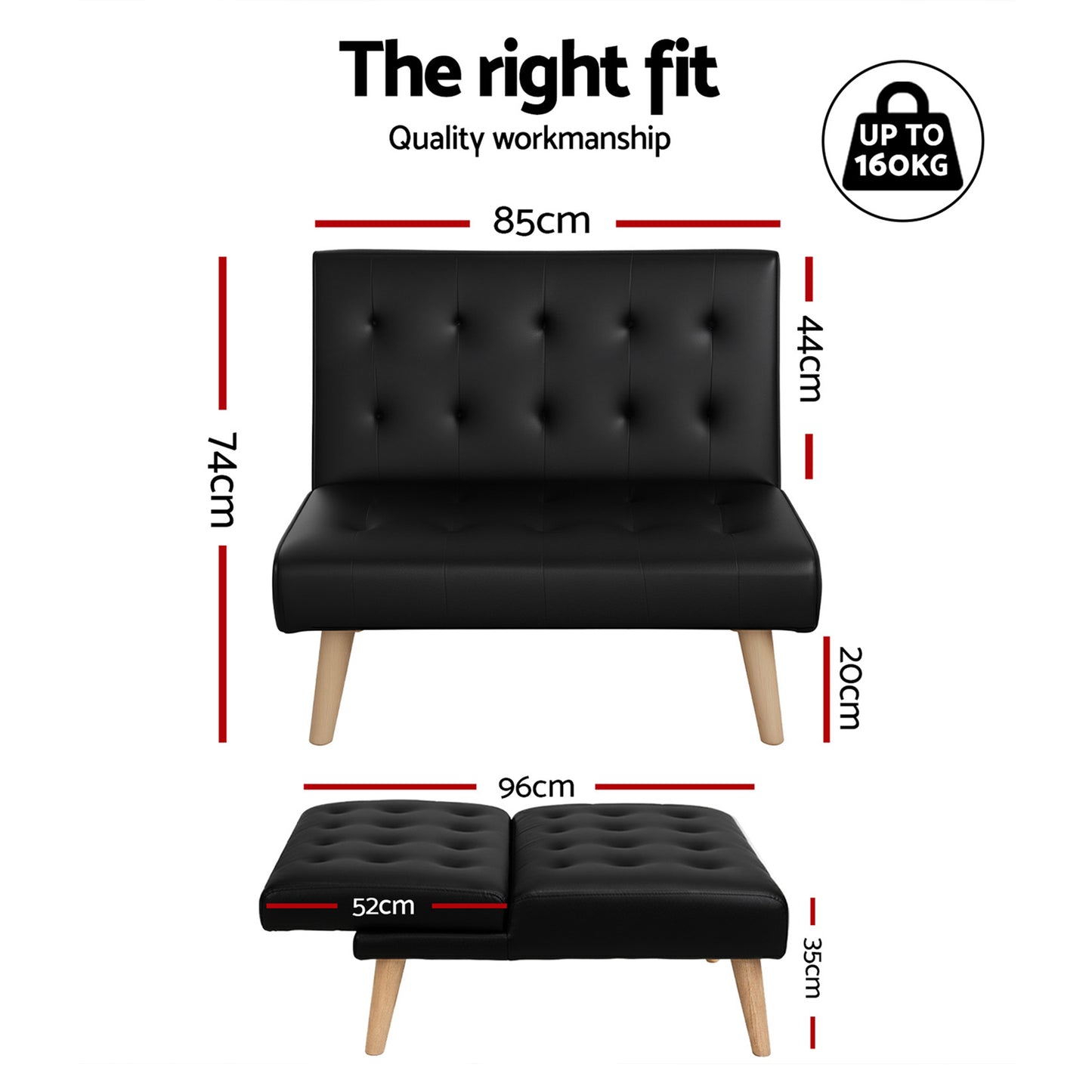 Sofa Bed Recliner – 2-Seater, Black Fabric