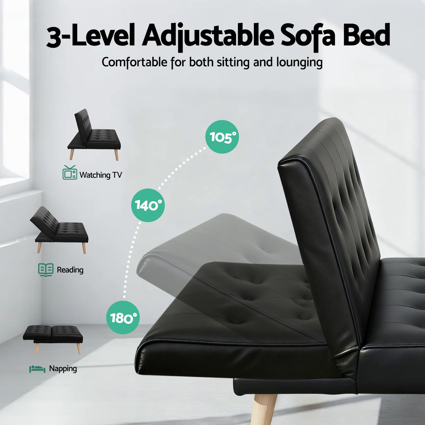 Sofa Bed Recliner – 2-Seater, Black Fabric