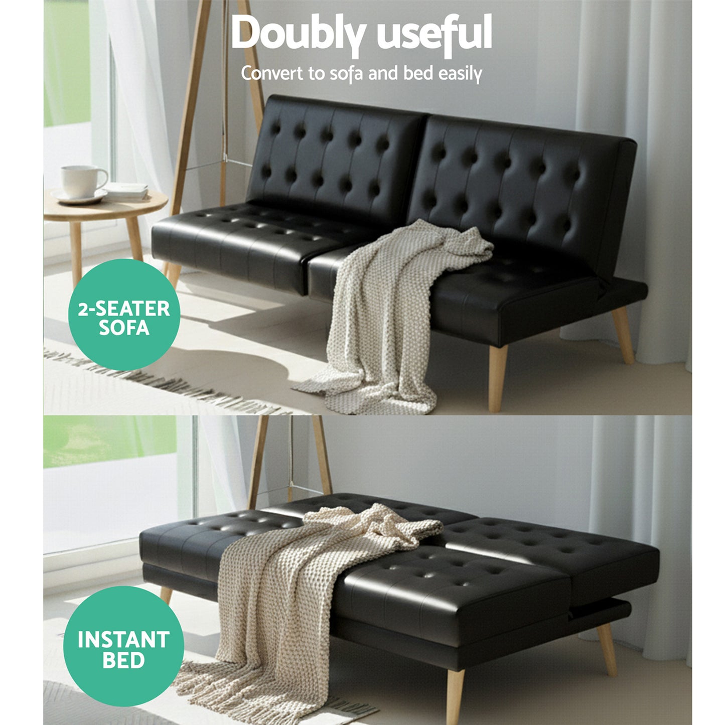 Sofa Bed Recliner – 2-Seater, Black Fabric