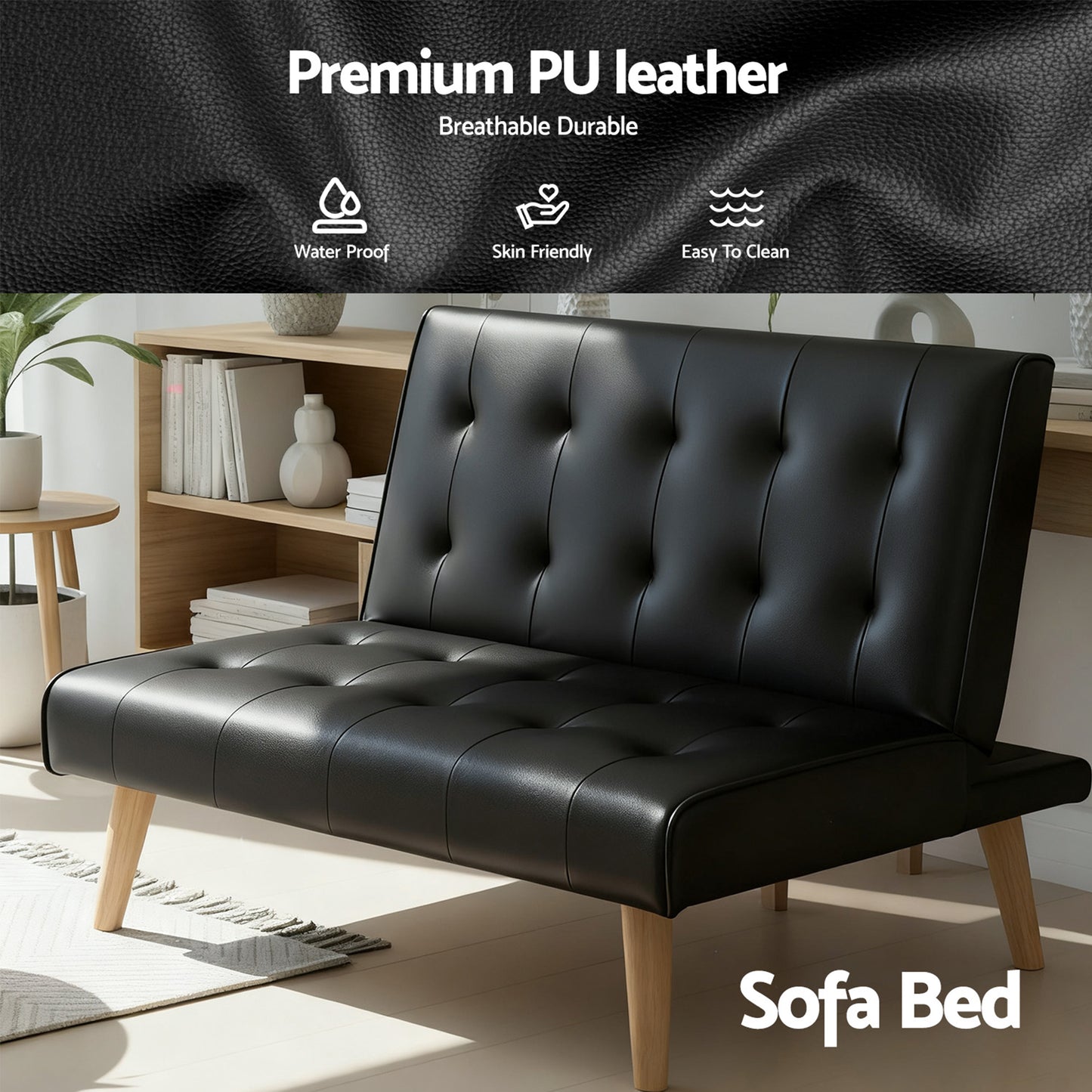 Sofa Bed Recliner – 2-Seater, Black Fabric