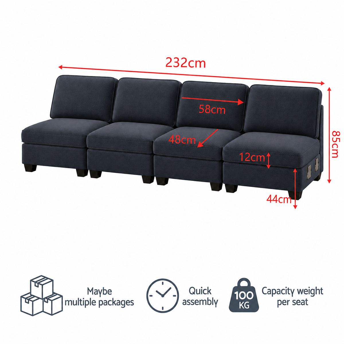 TWSC 4 Seater Modular Sofa Set Sectional Easy Assembly Dark Grey
