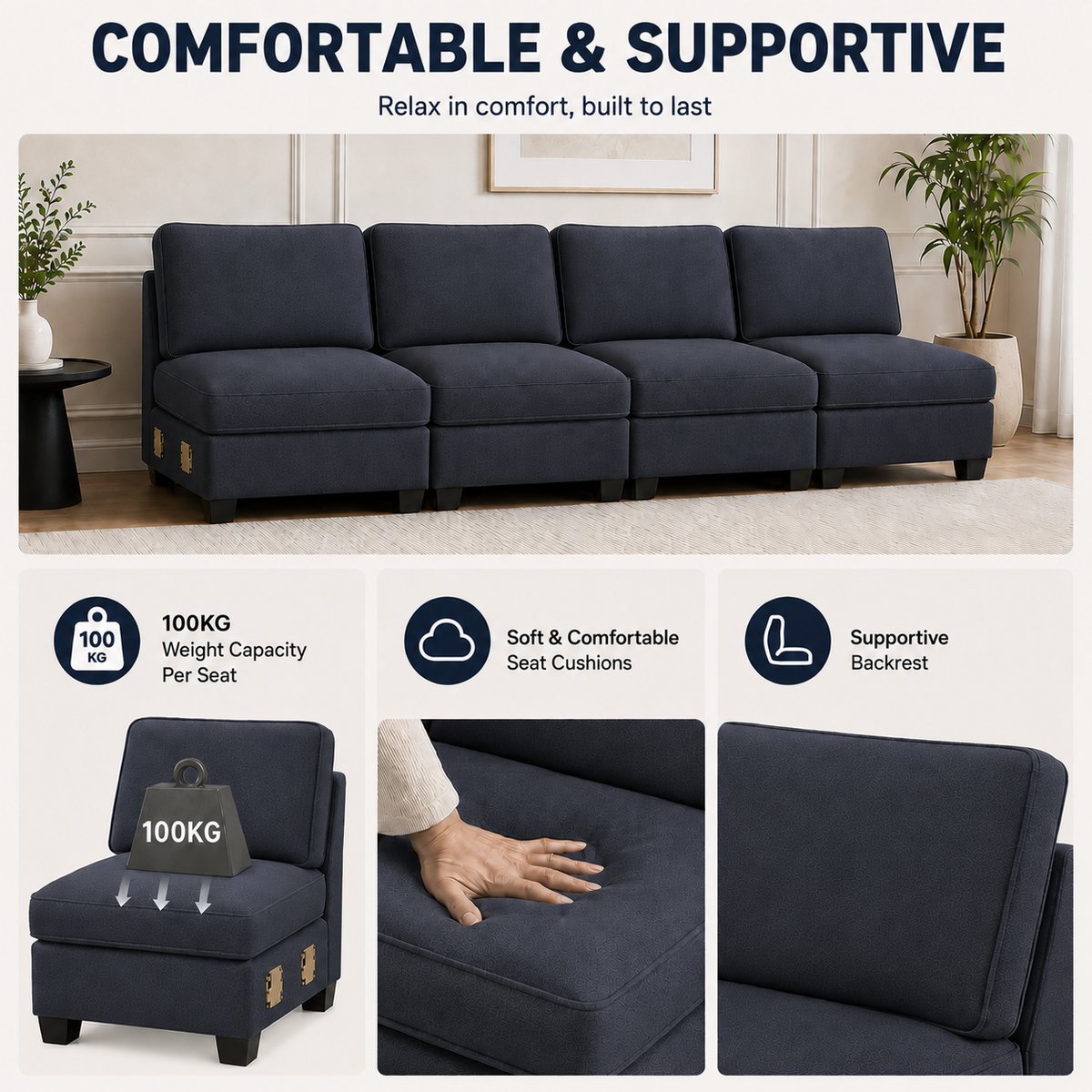 TWSC 4 Seater Modular Sofa Set Sectional Easy Assembly Dark Grey