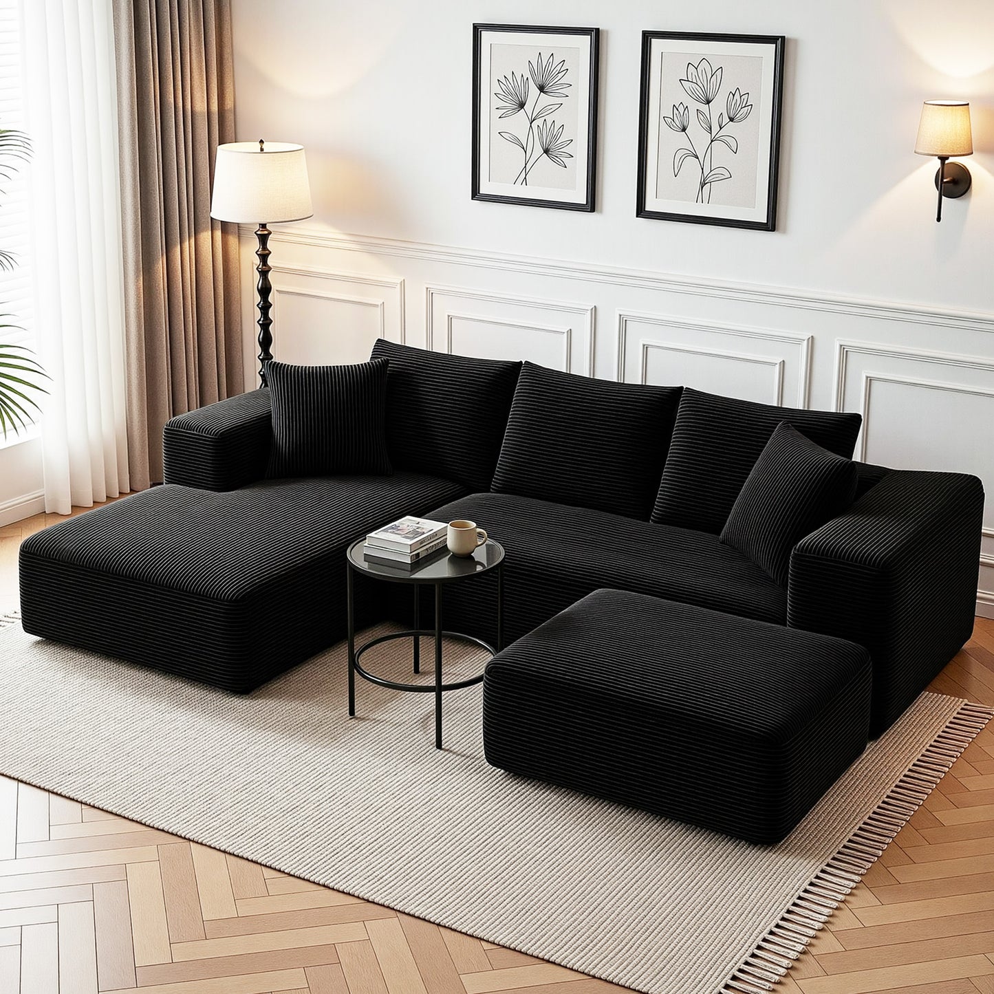 Modular Corduroy Sofa Bed with Ottoman – Black Sectional, No Assembly Required