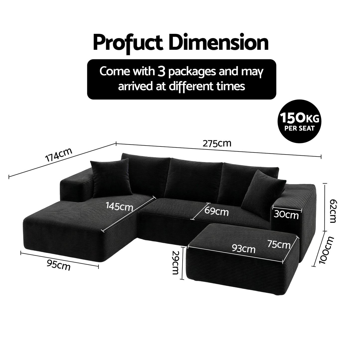Modular Corduroy Sofa Bed with Ottoman – Black Sectional, No Assembly Required