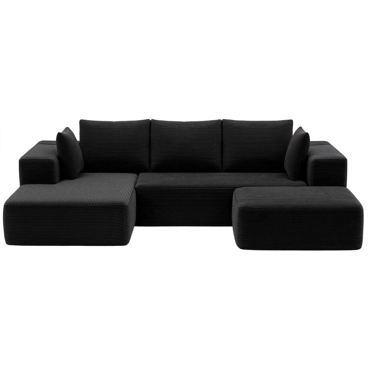 Modular Corduroy Sofa Bed with Ottoman – Black Sectional, No Assembly Required