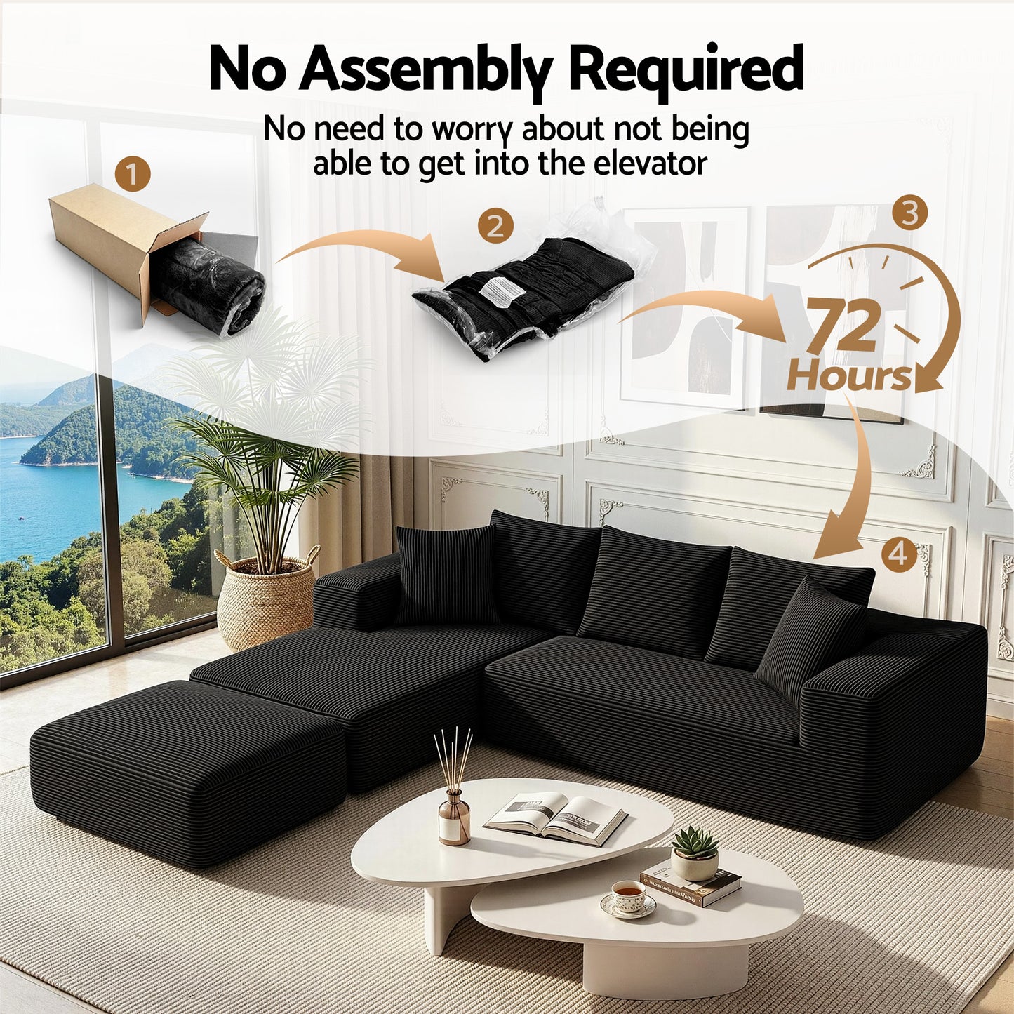 Modular Corduroy Sofa Bed with Ottoman – Black Sectional, No Assembly Required