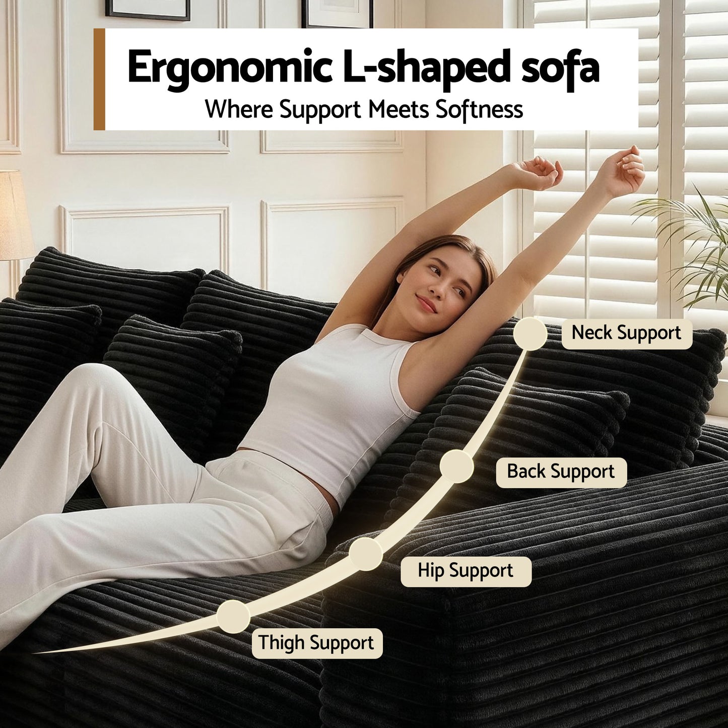 Modular Corduroy Sofa Bed with Ottoman – Black Sectional, No Assembly Required