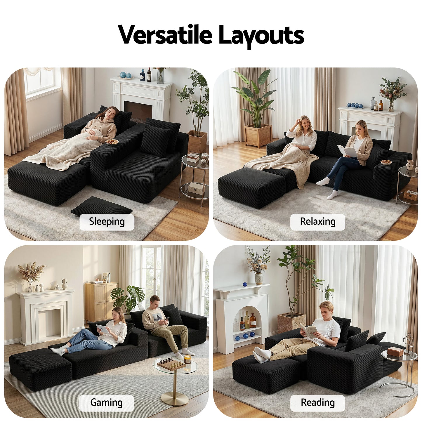 Modular Corduroy Sofa Bed with Ottoman – Black Sectional, No Assembly Required