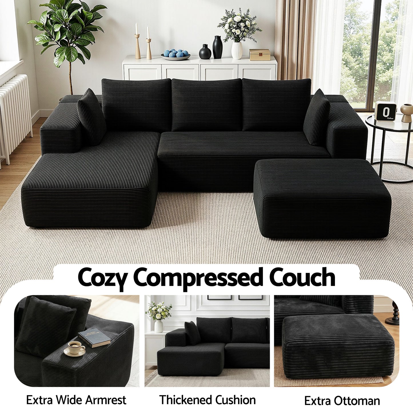 Modular Corduroy Sofa Bed with Ottoman – Black Sectional, No Assembly Required