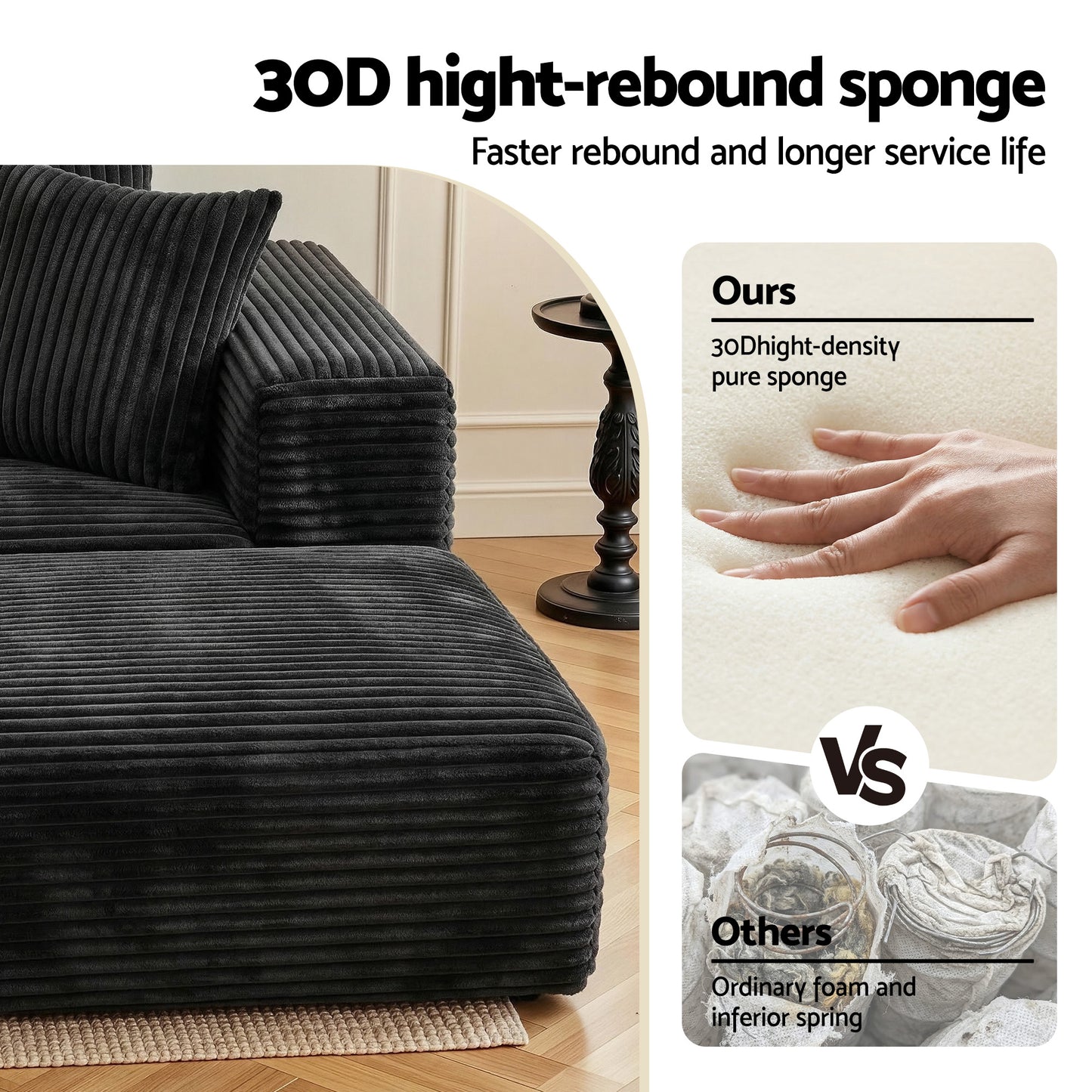 Modular Corduroy Sofa Bed with Ottoman – Black Sectional, No Assembly Required