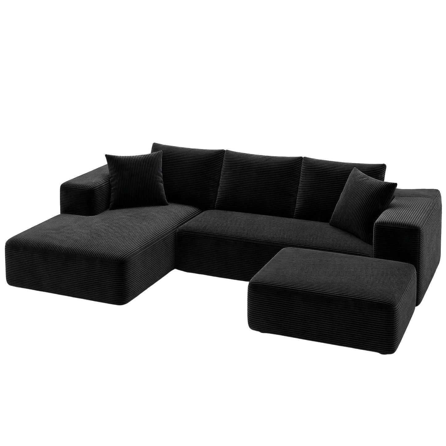 Modular Corduroy Sofa Bed with Ottoman – Black Sectional, No Assembly Required