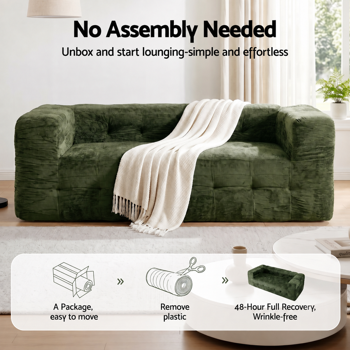 TWSC Comfort Boneless Sofa for Living Room Green Luxury Chenille