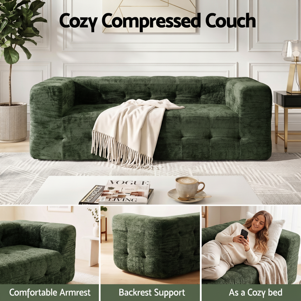 TWSC Comfort Boneless Sofa for Living Room Green Luxury Chenille