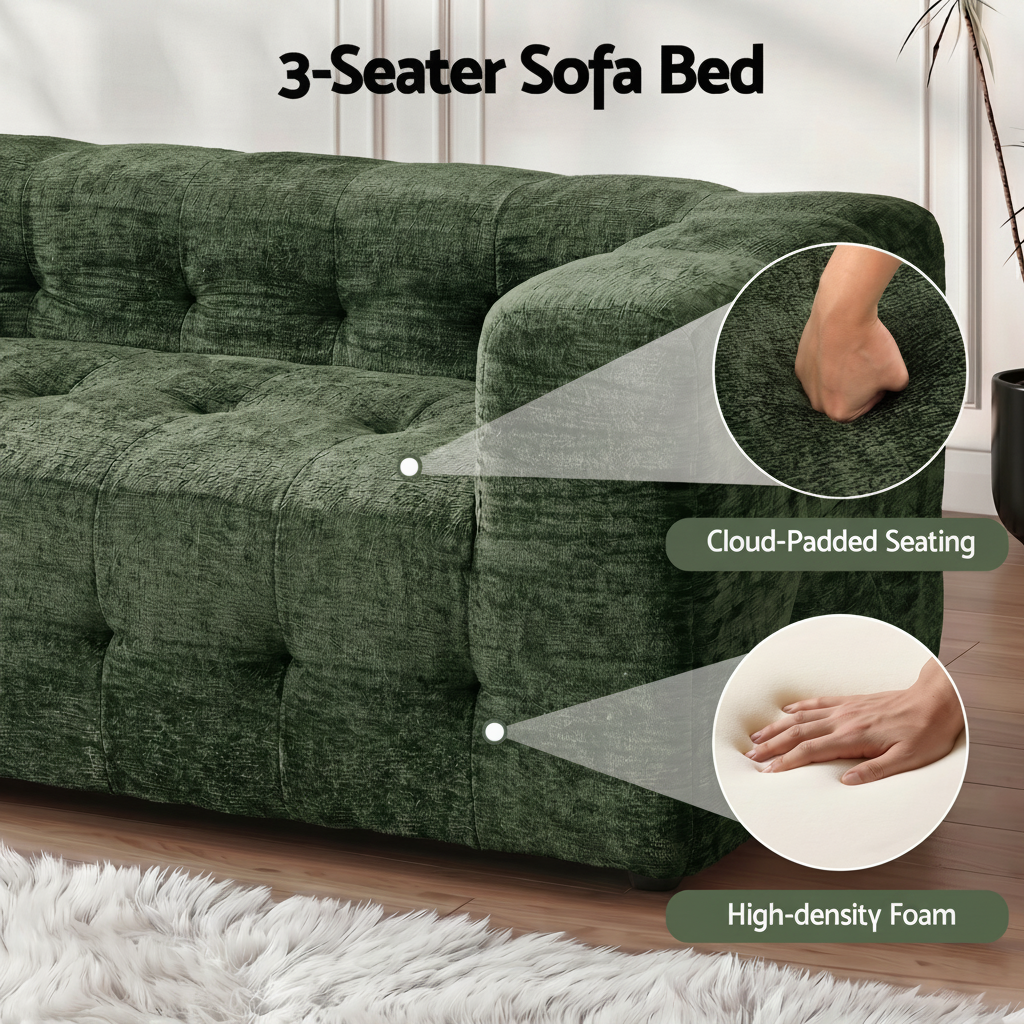 TWSC Comfort Boneless Sofa for Living Room Green Luxury Chenille