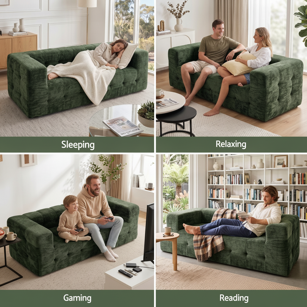 TWSC Comfort Boneless Sofa for Living Room Green Luxury Chenille