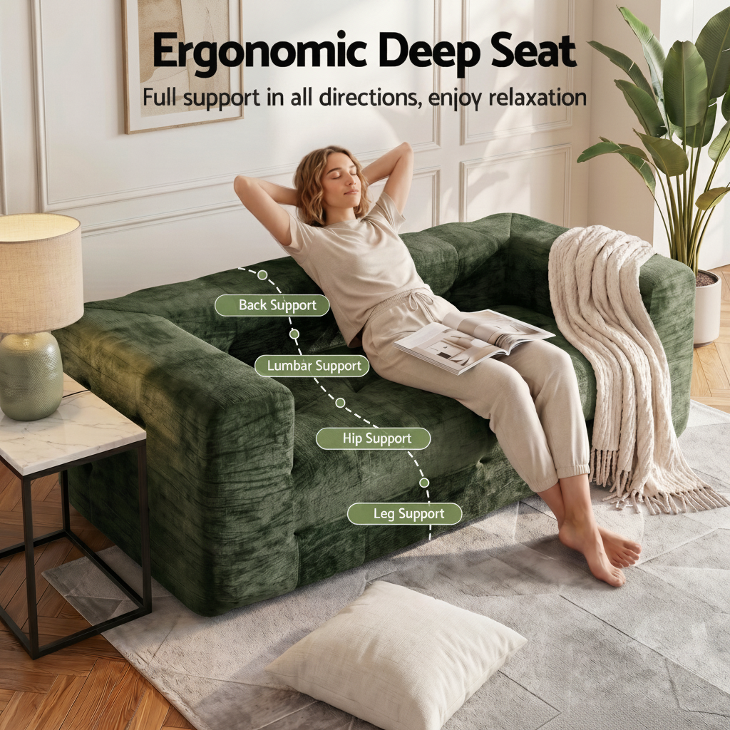 TWSC Comfort Boneless Sofa for Living Room Green Luxury Chenille