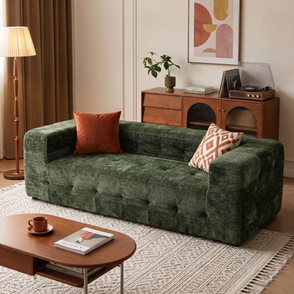 TWSC Comfort Boneless Sofa for Living Room Green Luxury Chenille