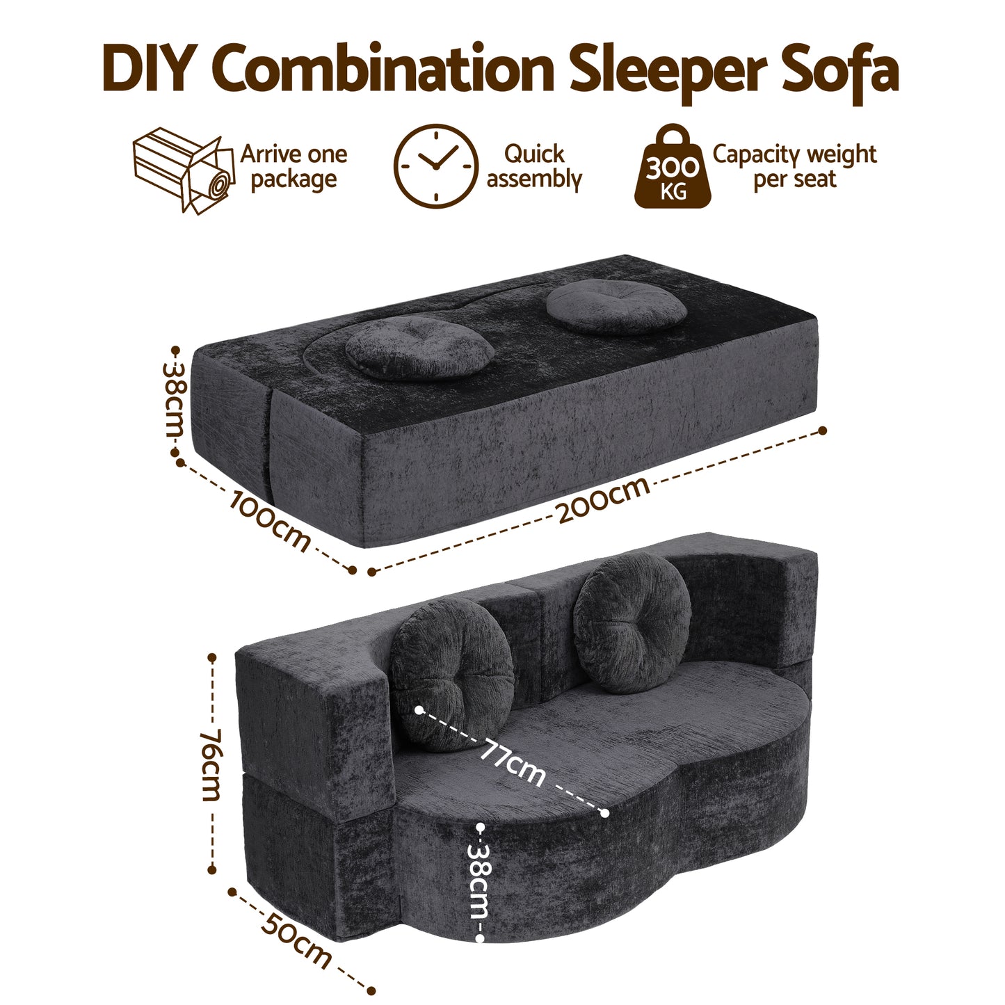 Convertible 2-in-1 Sofa Bed – Boneless Design, Grey with Pillows