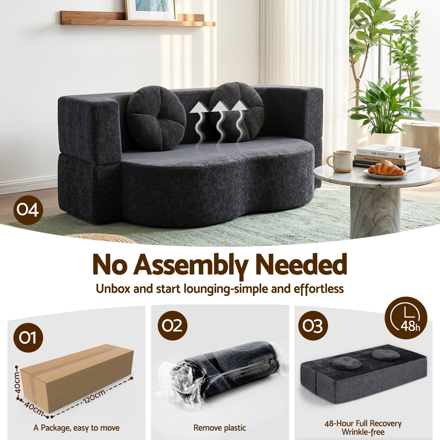 Convertible 2-in-1 Sofa Bed – Boneless Design, Grey with Pillows