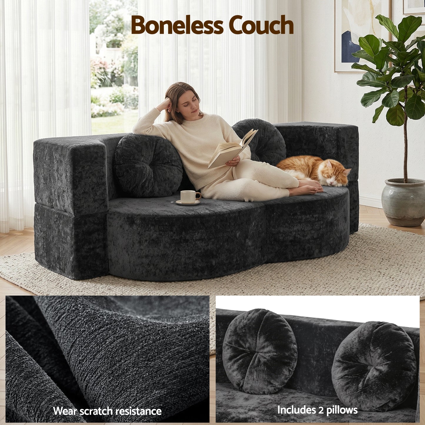 Convertible 2-in-1 Sofa Bed – Boneless Design, Grey with Pillows