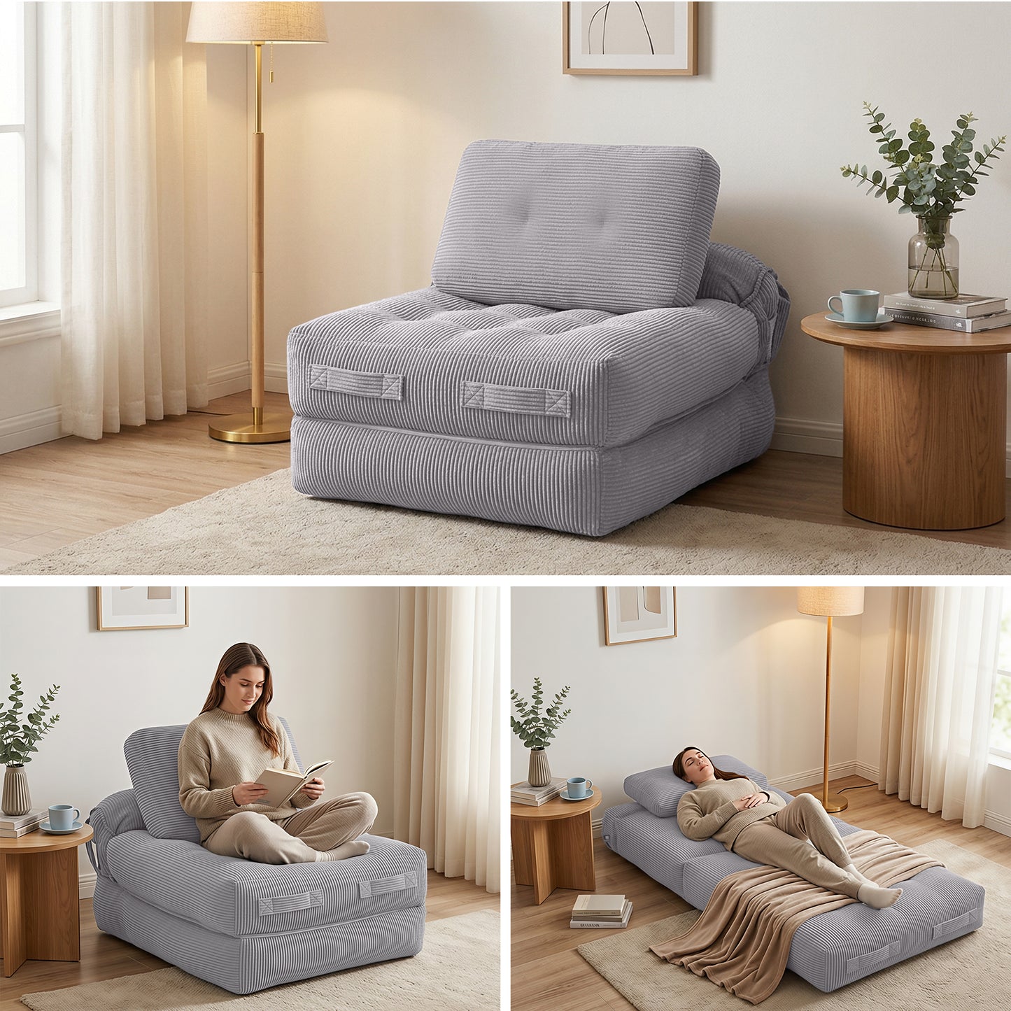 TWSC 1 Seater Corduroy Convertible Sofa Bed Pull Out Boneless Couch Grey