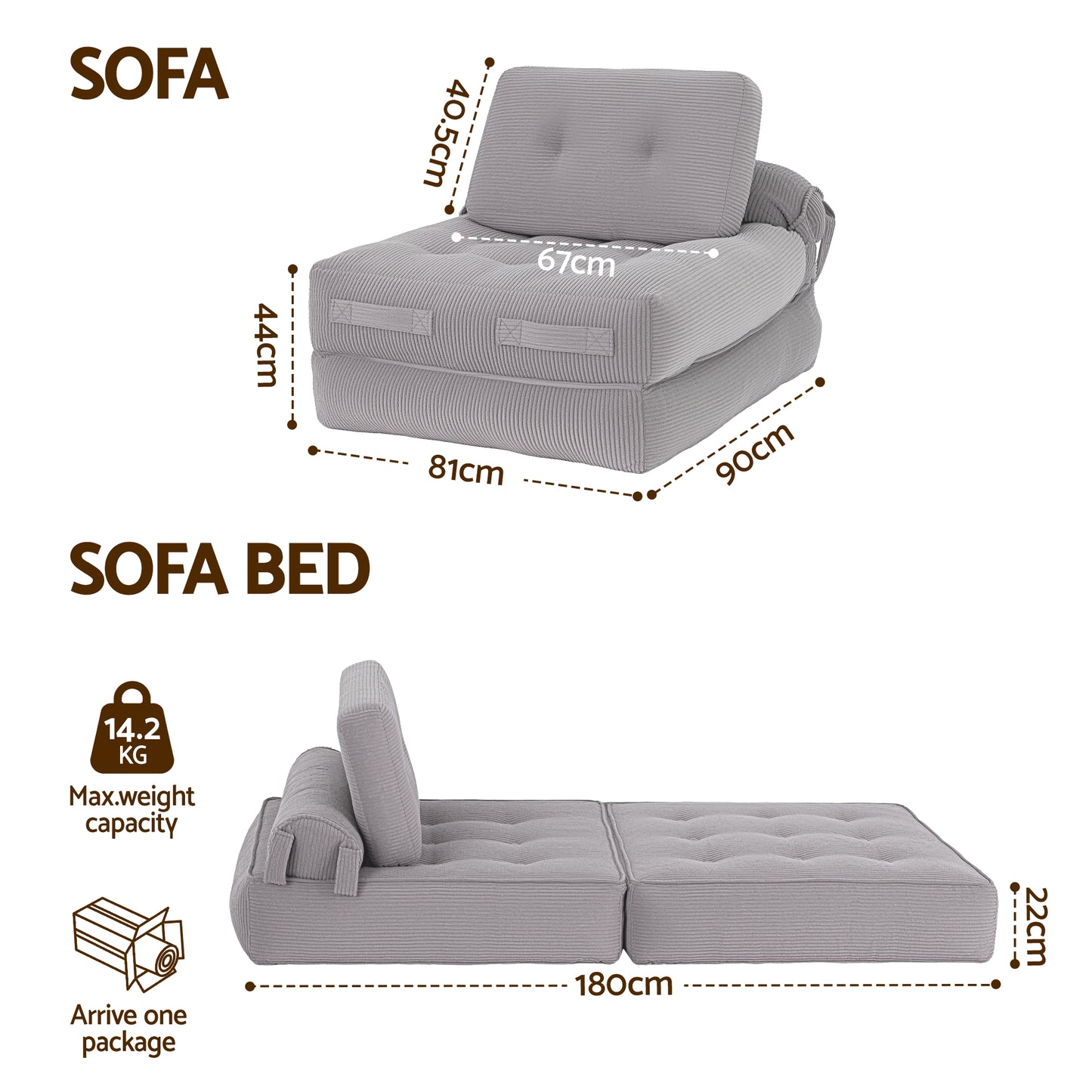 TWSC 1 Seater Corduroy Convertible Sofa Bed Pull Out Boneless Couch Grey