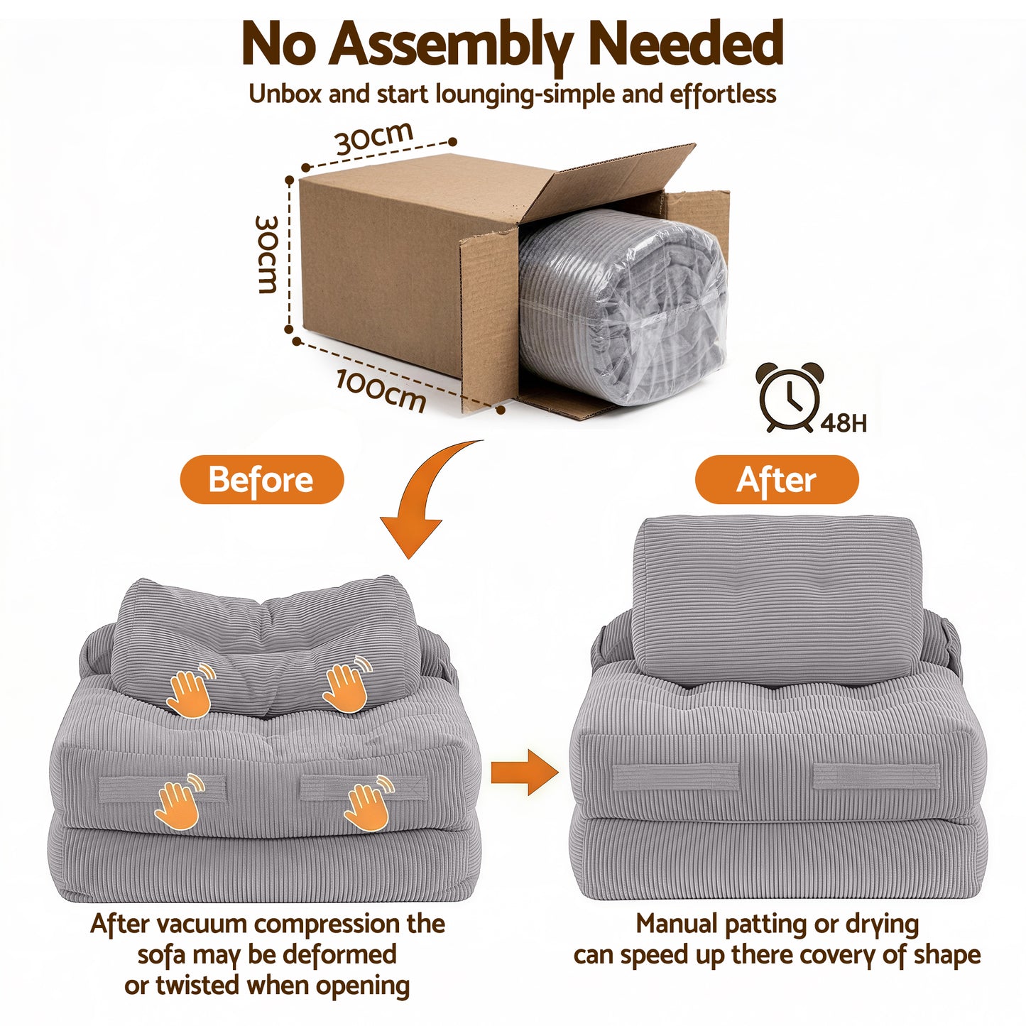 TWSC 1 Seater Corduroy Convertible Sofa Bed Pull Out Boneless Couch Grey