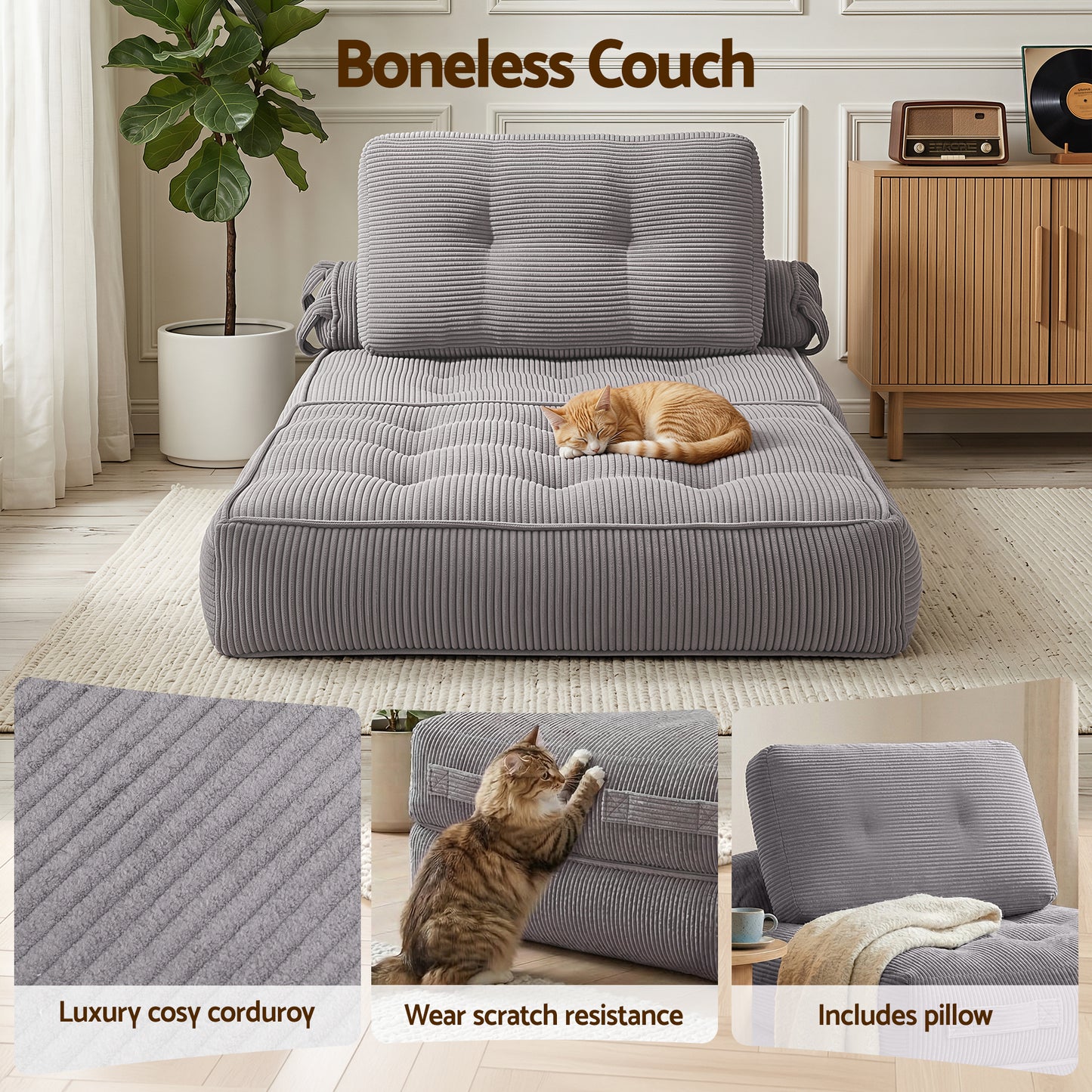 TWSC 1 Seater Corduroy Convertible Sofa Bed Pull Out Boneless Couch Grey
