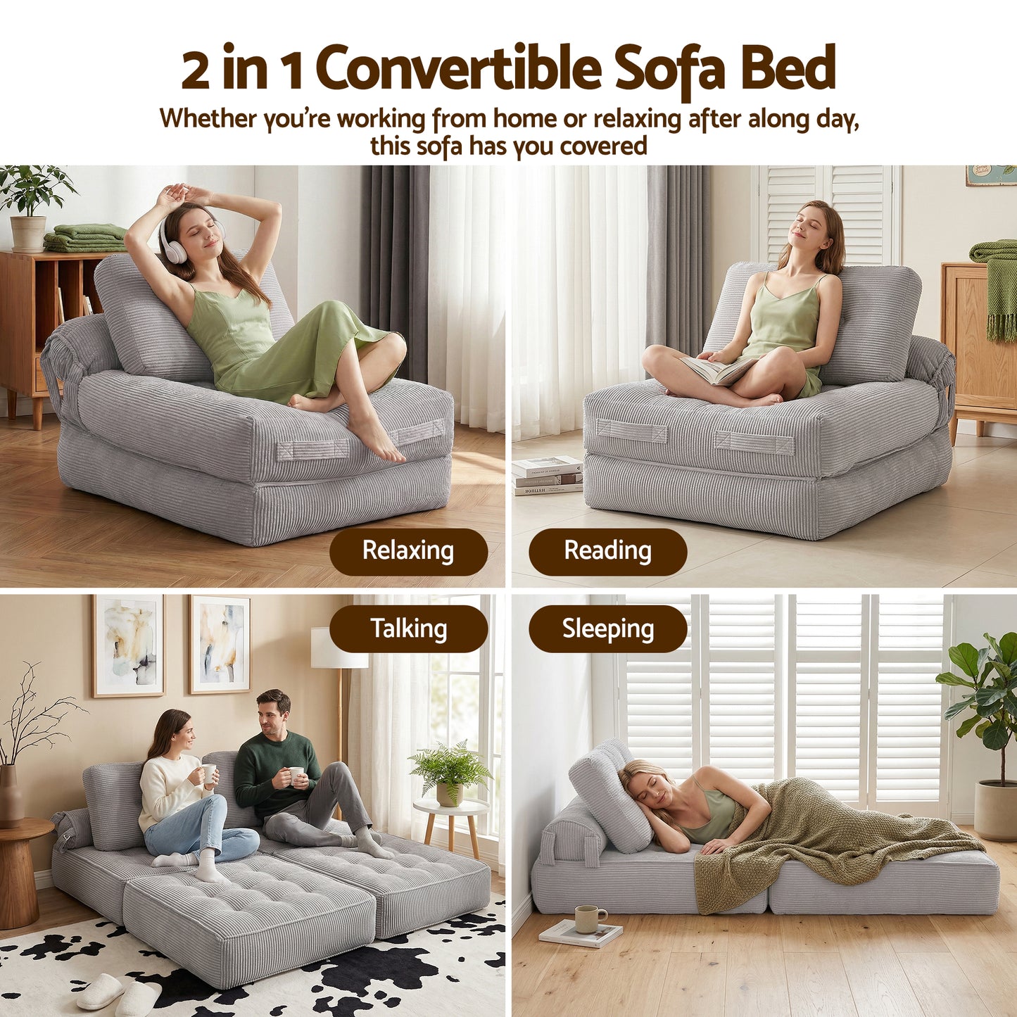 TWSC 1 Seater Corduroy Convertible Sofa Bed Pull Out Boneless Couch Grey