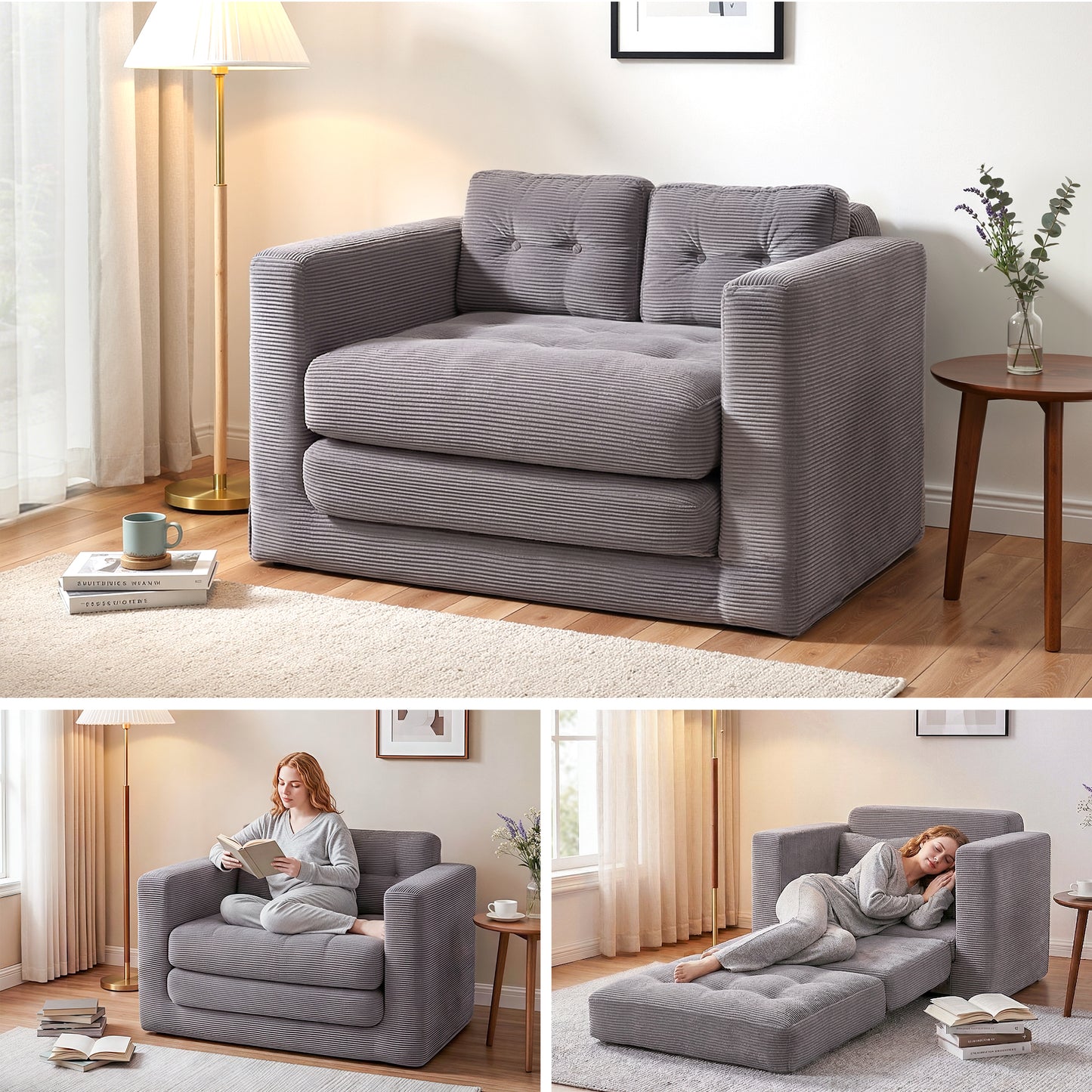 TWSC 2 Seater Corduroy Convertible Sofa Bed Pull Out Boneless Couch Grey