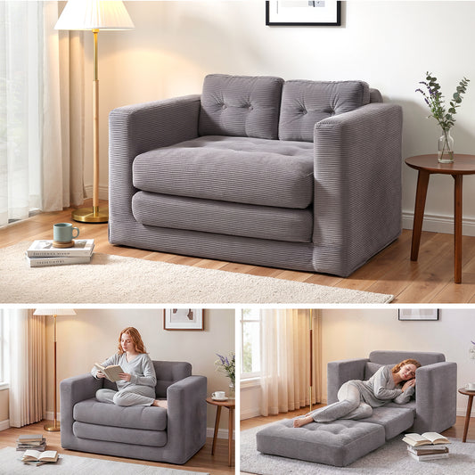 2-Seater Convertible Corduroy Sofa Bed – Boneless Design, Grey
