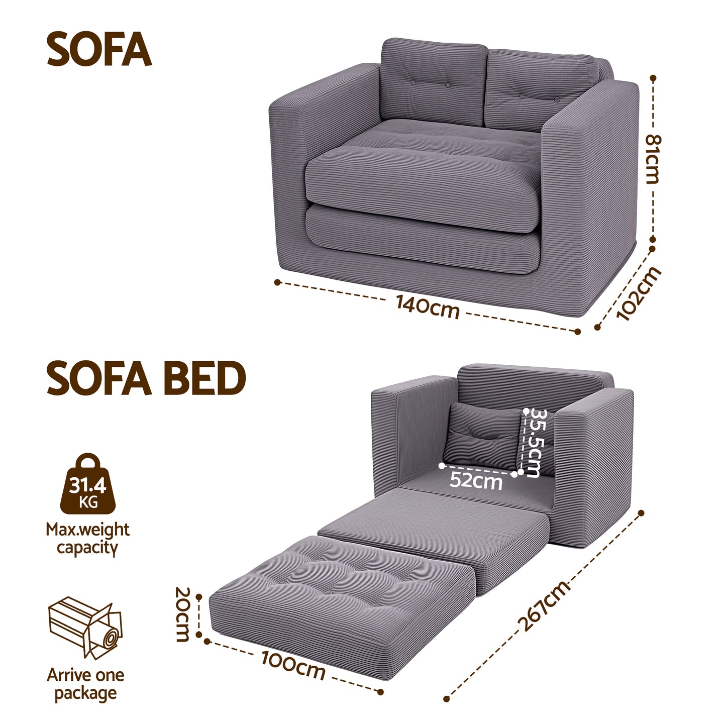 TWSC 2 Seater Corduroy Convertible Sofa Bed Pull Out Boneless Couch Grey