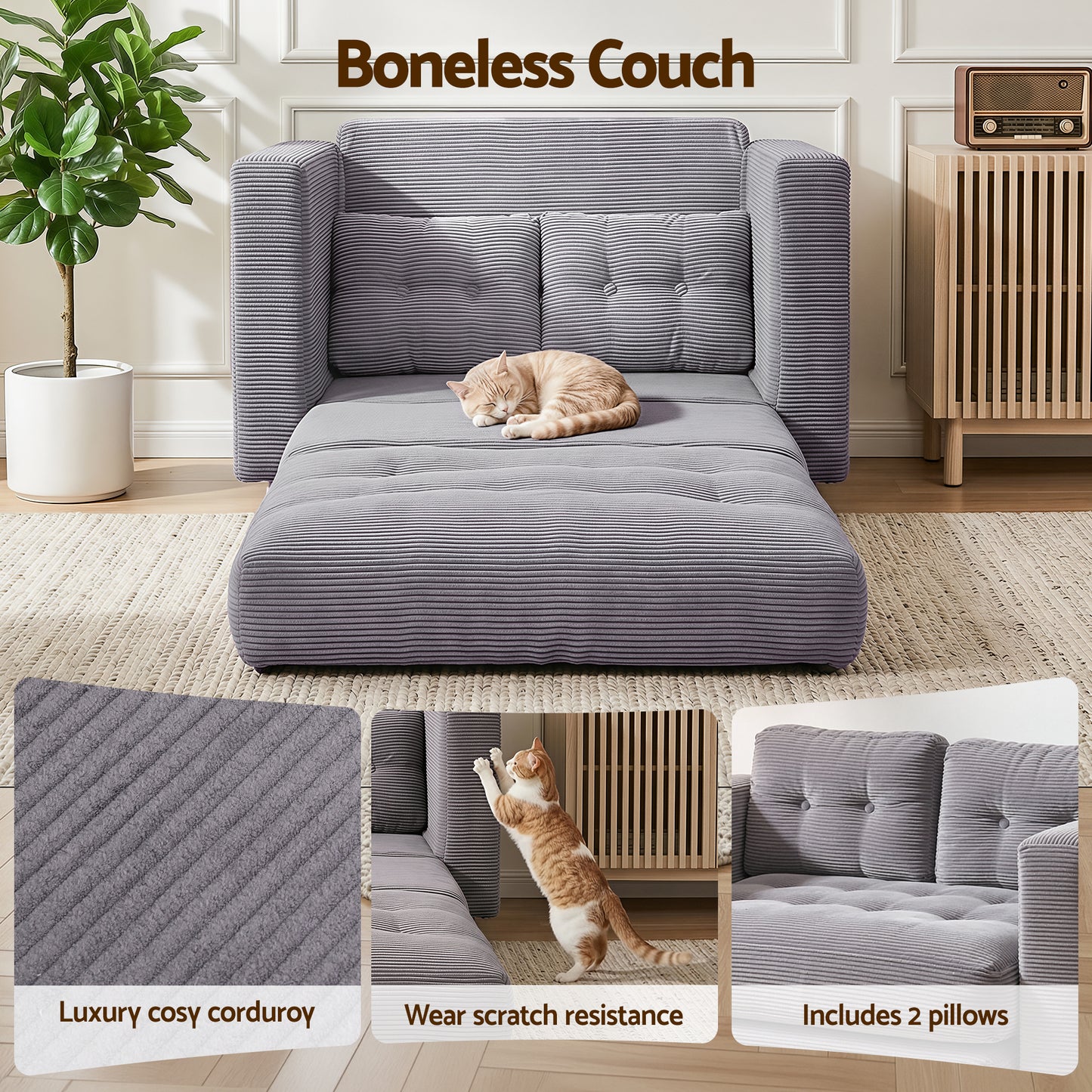 TWSC 2 Seater Corduroy Convertible Sofa Bed Pull Out Boneless Couch Grey