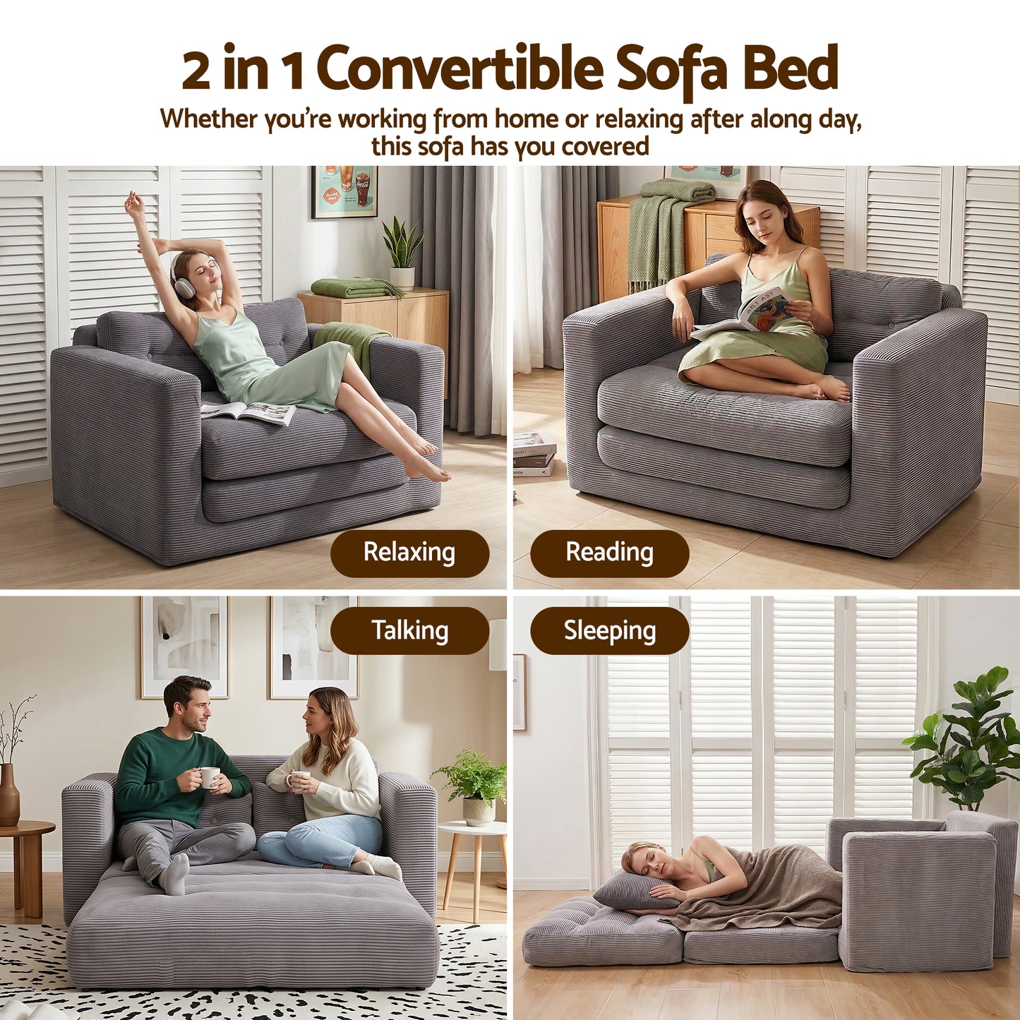 TWSC 2 Seater Corduroy Convertible Sofa Bed Pull Out Boneless Couch Grey