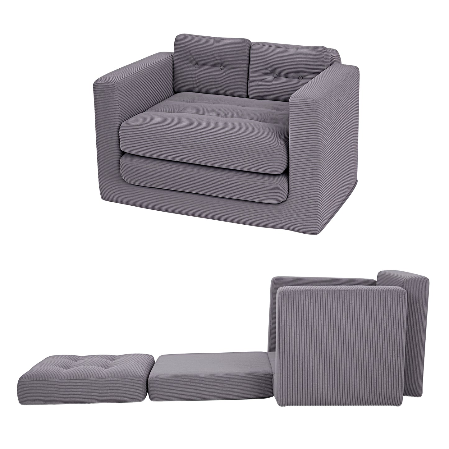 TWSC 2 Seater Corduroy Convertible Sofa Bed Pull Out Boneless Couch Grey