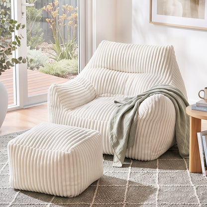 TWSC Bean Bag Sofa w/Ottoman Corduroy for Adults Teens White