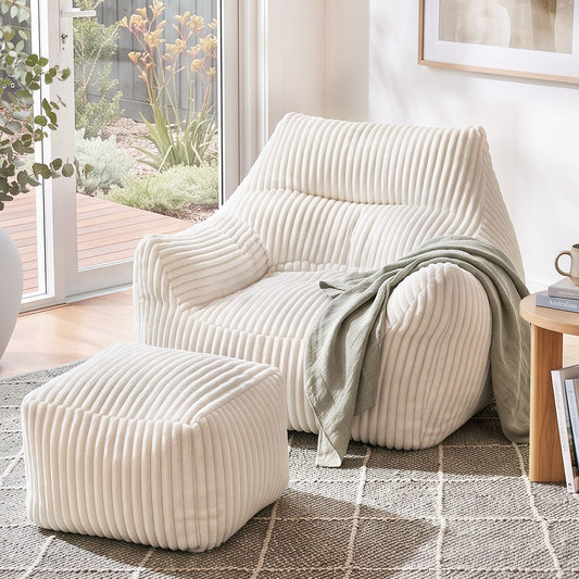 TWSC Bean Bag Sofa w/Ottoman Corduroy for Adults Teens White