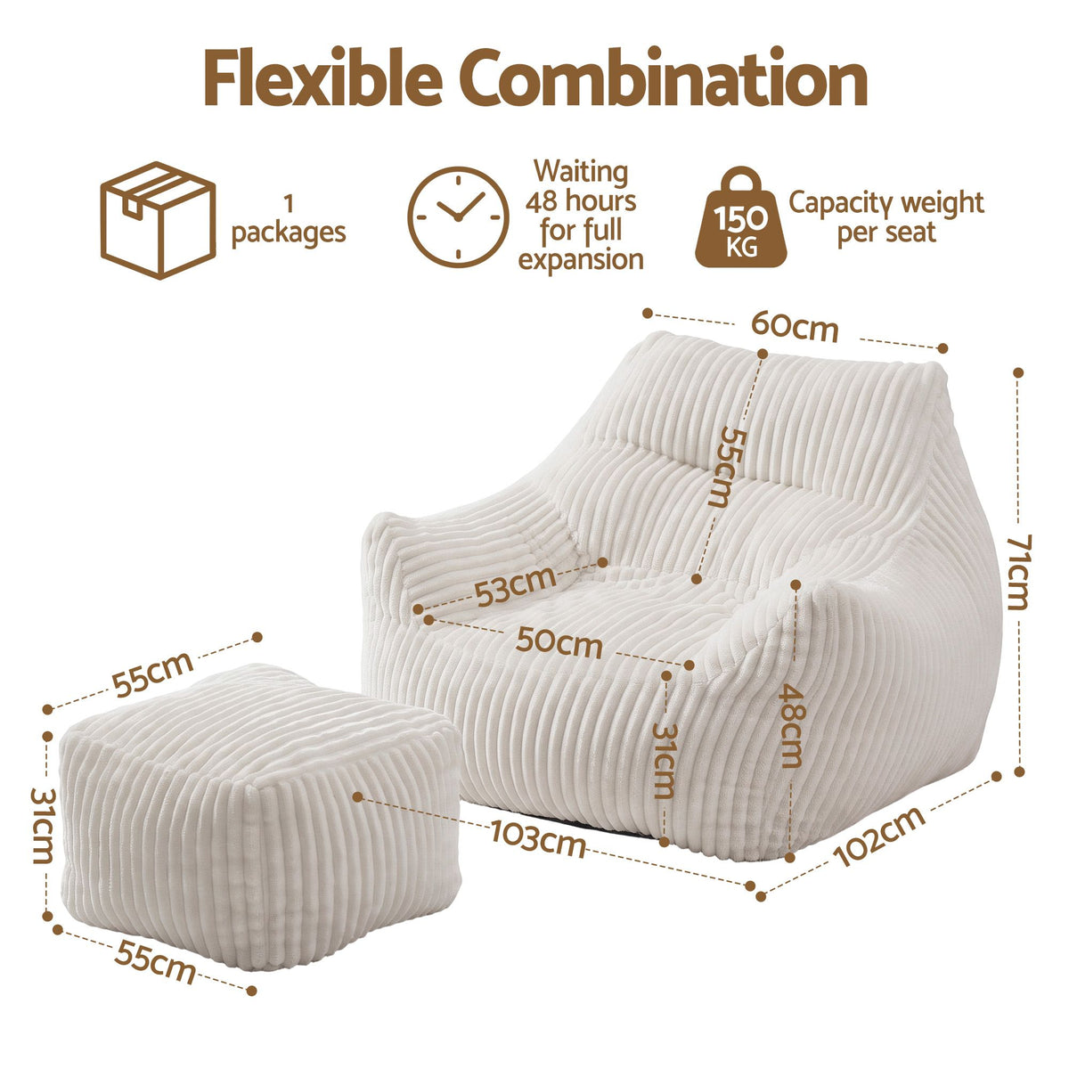 TWSC Bean Bag Sofa w/Ottoman Corduroy for Adults Teens White