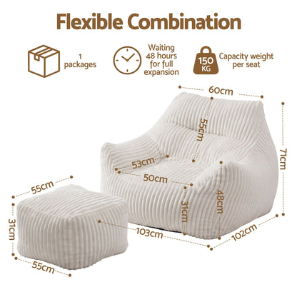 TWSC Bean Bag Sofa w/Ottoman Corduroy for Adults Teens White