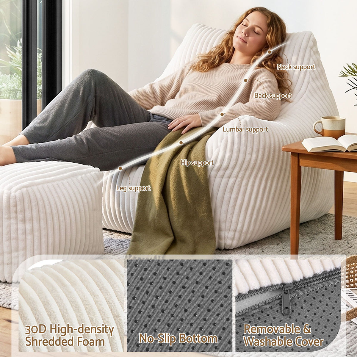 TWSC Bean Bag Sofa w/Ottoman Corduroy for Adults Teens White