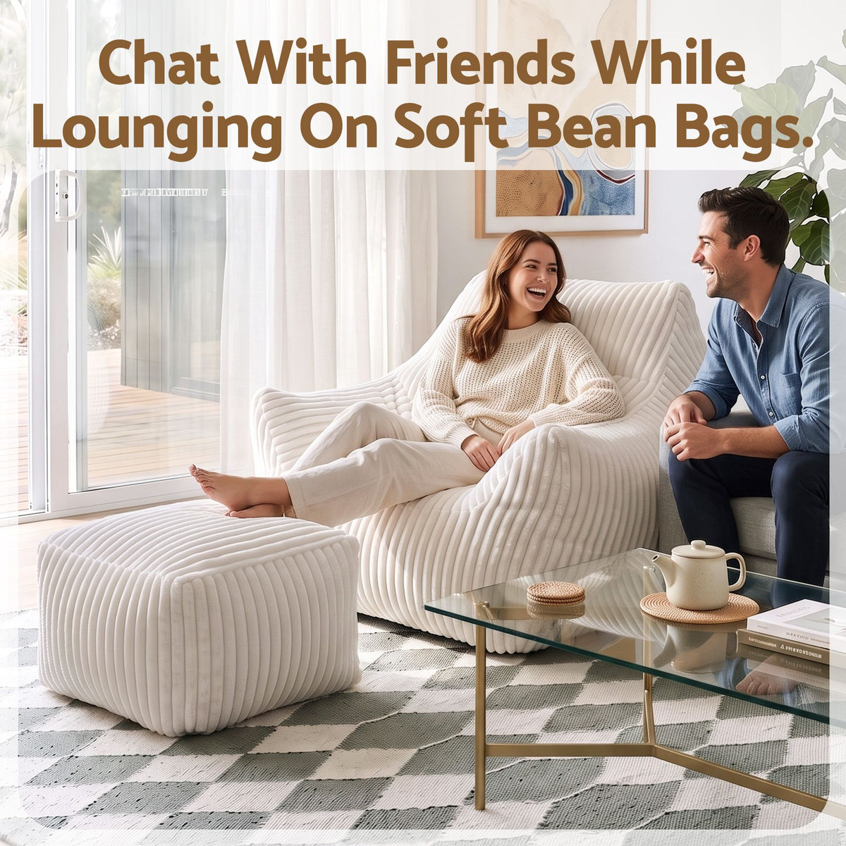 TWSC Bean Bag Sofa w/Ottoman Corduroy for Adults Teens White