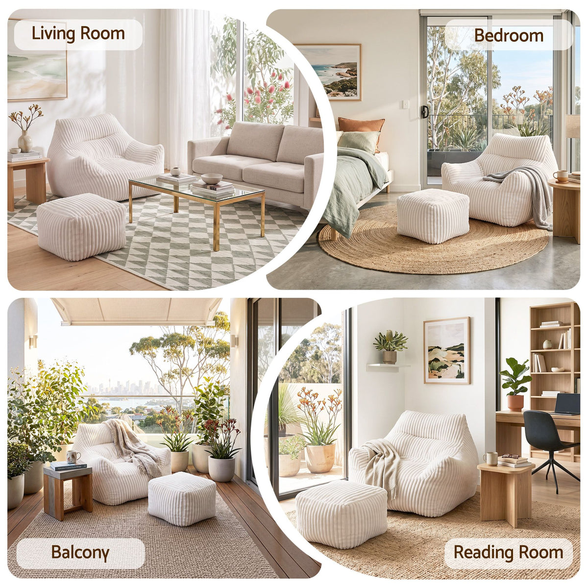 TWSC Bean Bag Sofa w/Ottoman Corduroy for Adults Teens White