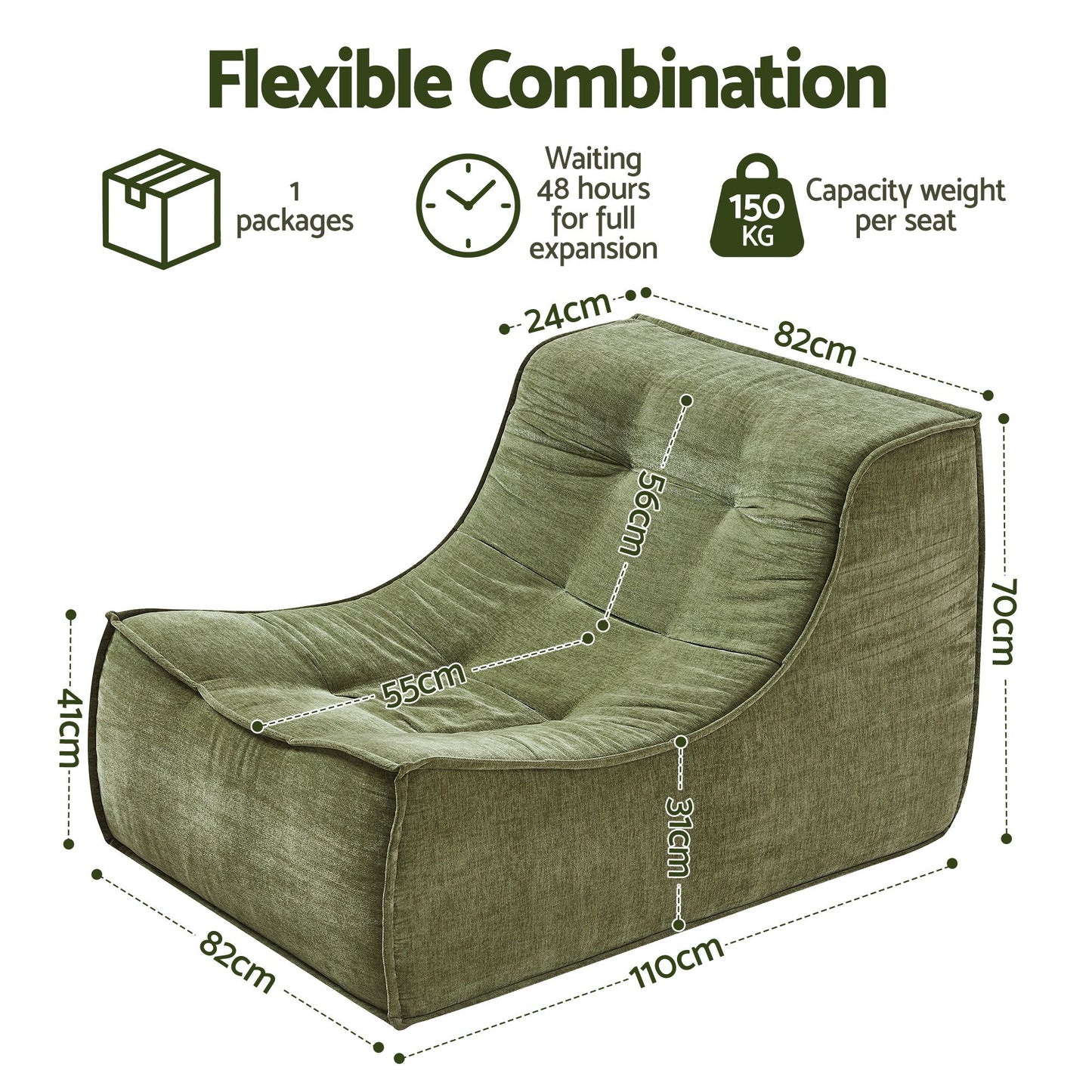 TWSC Floor Sofa Armless Chenille No Assembly Removable Cover Green