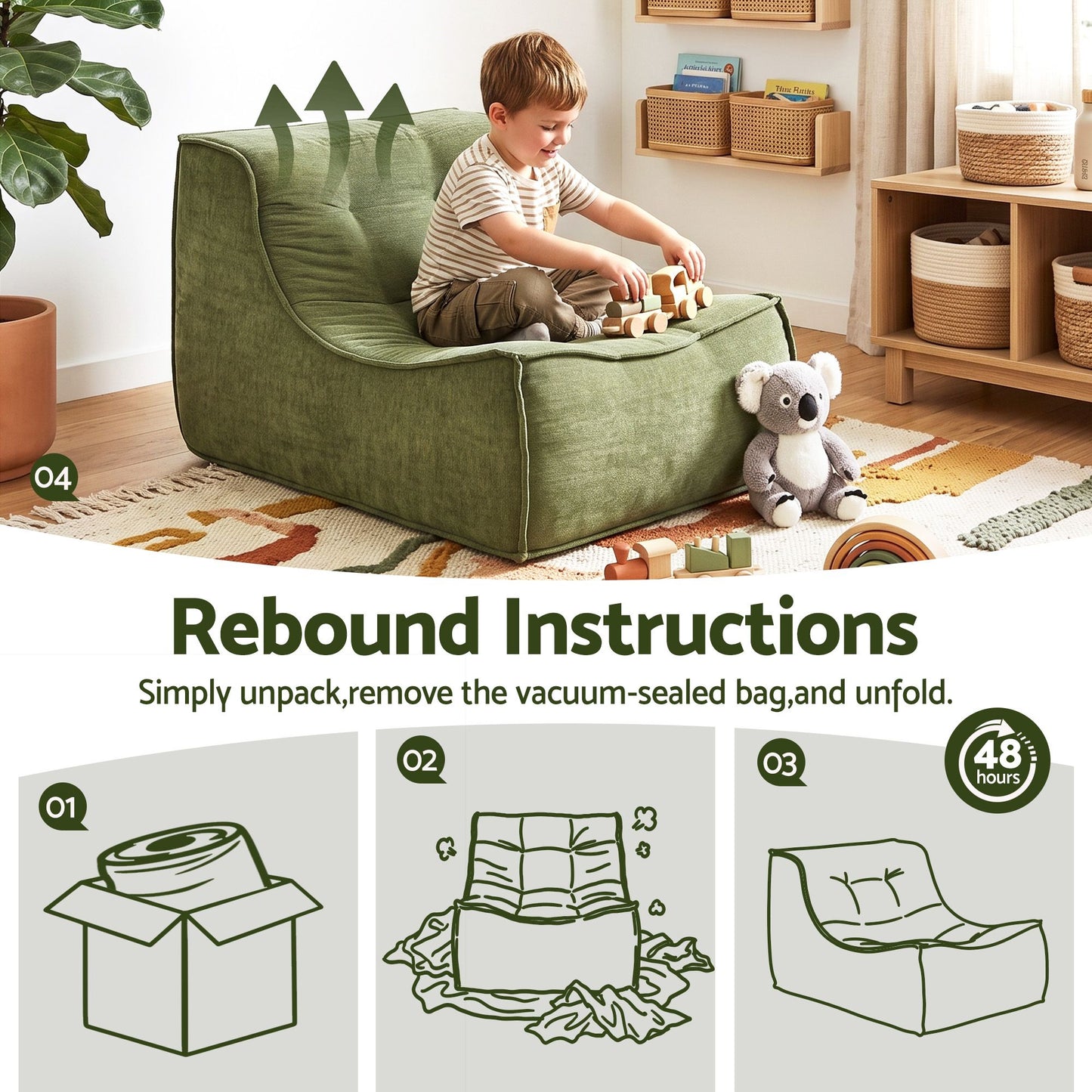 TWSC Floor Sofa Armless Chenille No Assembly Removable Cover Green