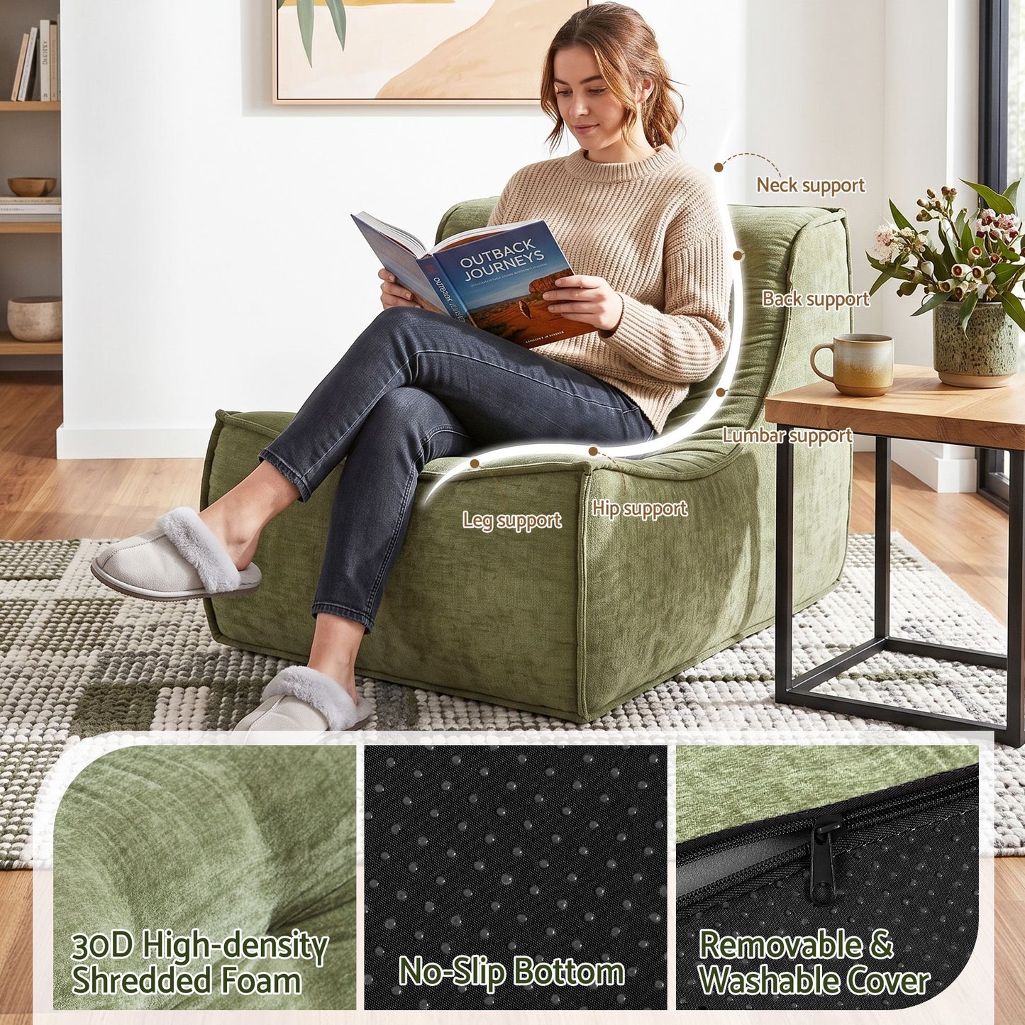 TWSC Floor Sofa Armless Chenille No Assembly Removable Cover Green