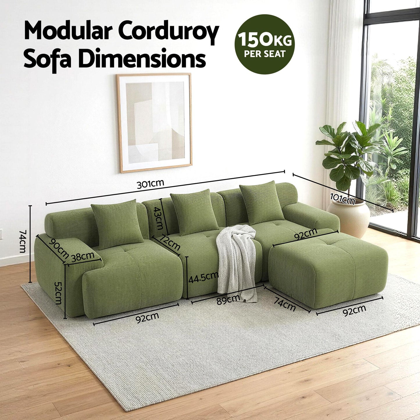 TWSC 300cm Modular Sofa Bed Comfort L-Shaped Sectional Boneless Couch Green