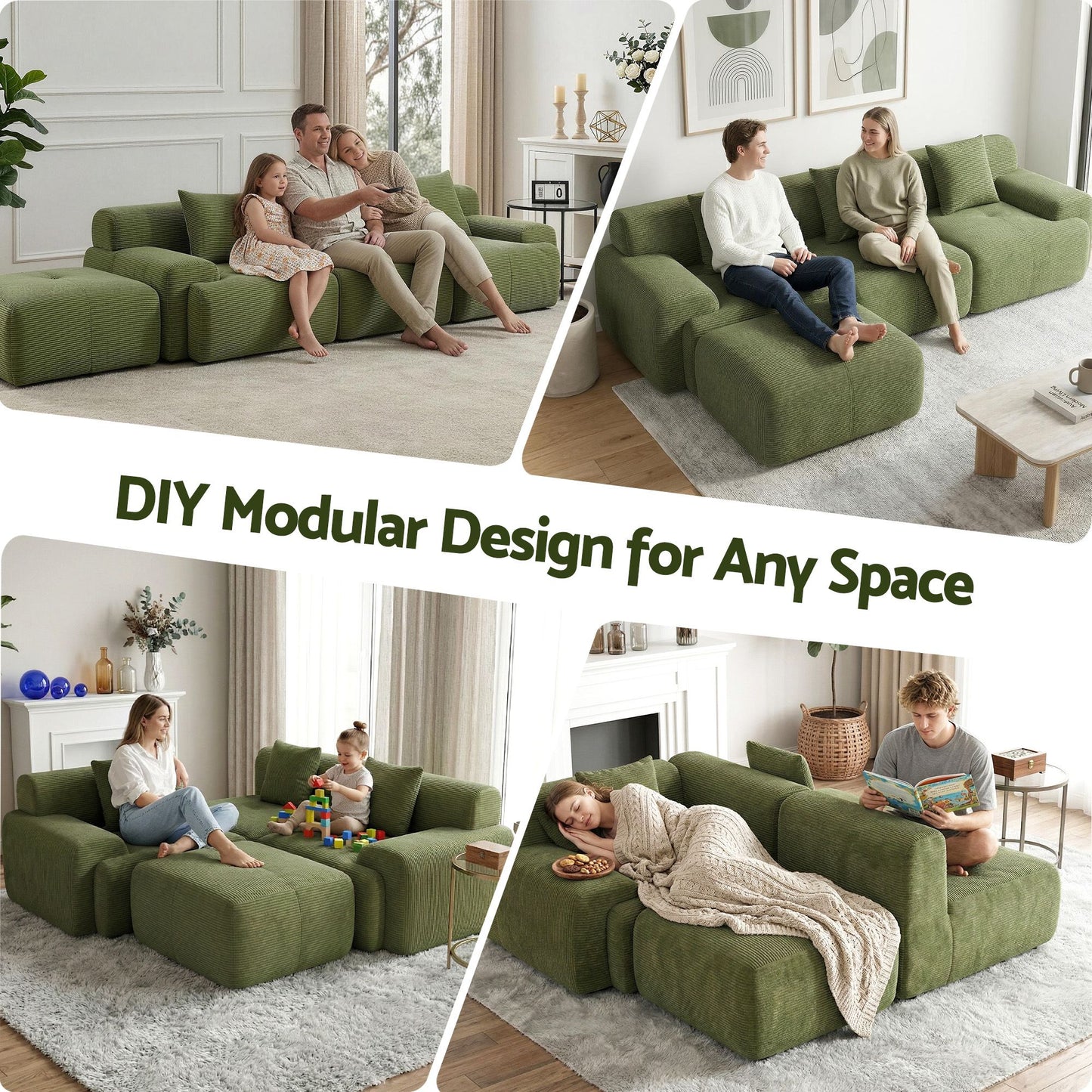 TWSC 300cm Modular Sofa Bed Comfort L-Shaped Sectional Boneless Couch Green