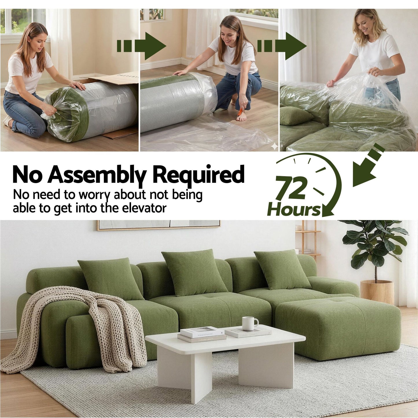 TWSC 300cm Modular Sofa Bed Comfort L-Shaped Sectional Boneless Couch Green